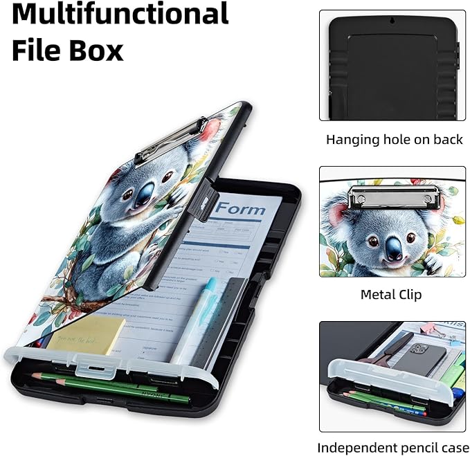 Clipboard with Storage Box & Pen Holder,Heavy Duty Clip Boards 8.5x11 for Nursing,High Capacity,School & Office Supplies,Cute Koala