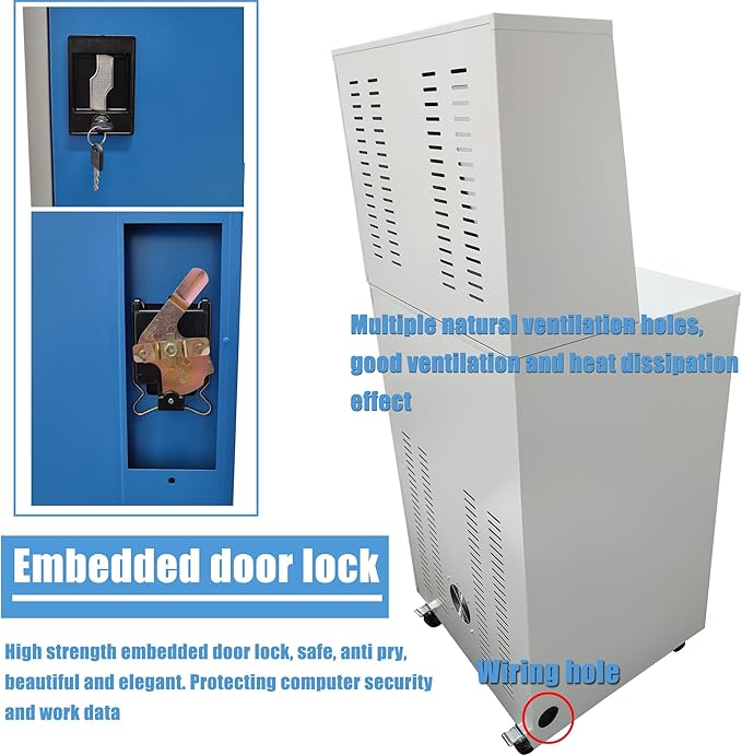 Industrial PC Enclosure Computer Security Cabinet Lockable Detachable Steel Cabinet with Wheels USB Cooling Fan, Adjustable Shelves for Control Equipment (65x60x109.5cm)