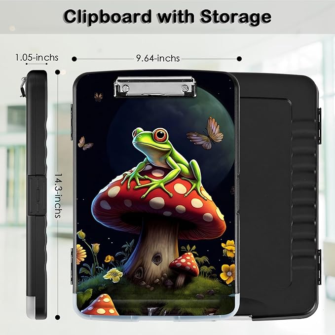 Clipboard with Storage,Office Supplies Nursing Clipboards Folder with Pen Holder Plastic Storage ClipBoard Foldable for Teacher Nurse,Cute Mushroom Frog