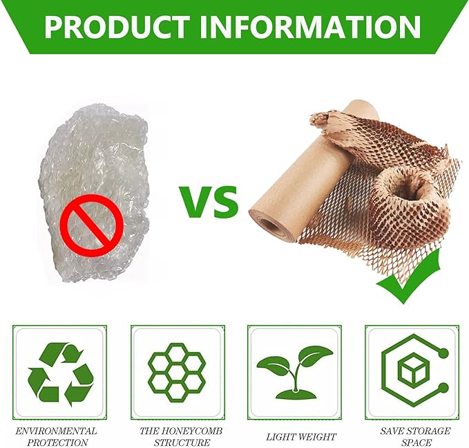 Honeycomb Packing Paper Wrap 12"x400' Sustainable Alternative to Bubble Cushioning Wrap Biodegradable & Fully Recylable for Moving/Shipping/Packing Roll with 20 Fragile Stickers