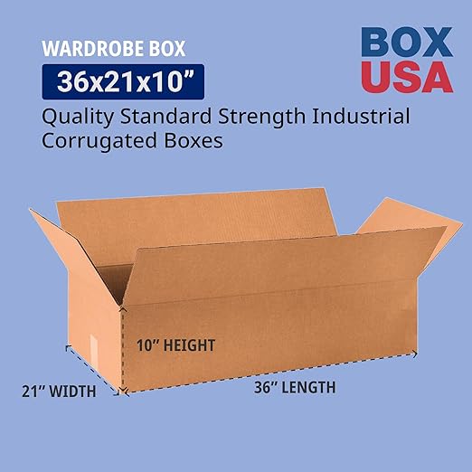 Box USA Wardrobe Moving Boxes Flat 36"L x 21"W x 10"H 10-Pack - Corrugated Cardboard Box for Shipping, Mailing, Packing, Packaging and Storage