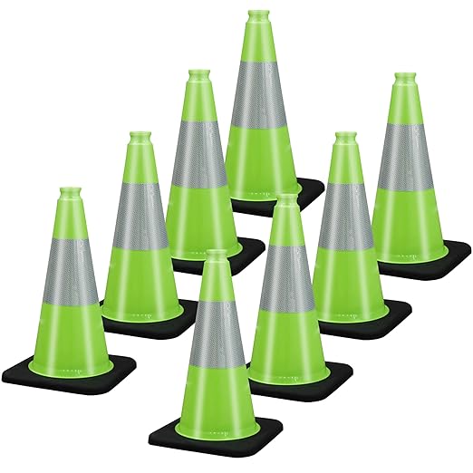 18" Traffic Safety Cones Road Cones, Construction Cone with Rubber Base & Reflective Collars, Restorable Parking Cones, Heavy Duty Road Cones for Traffic Control & Road Safty(8 Pack-Green）