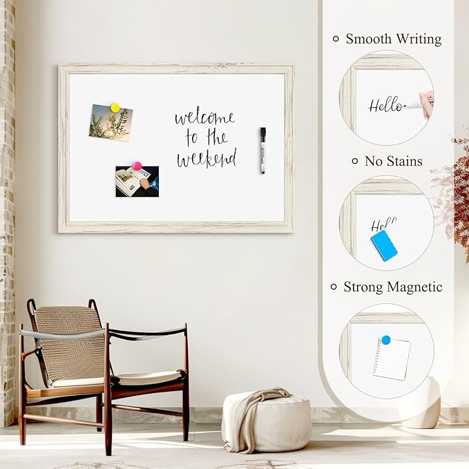 4 THOUGHT Dry Erase Board, 18 x 24 in Magnetic Whiteboard White Vintage Wood Frame Wall-Mounted White Board Decorative Notice Board for School, Office, Home, 8 Magnets 4 Markers 1 Eraser