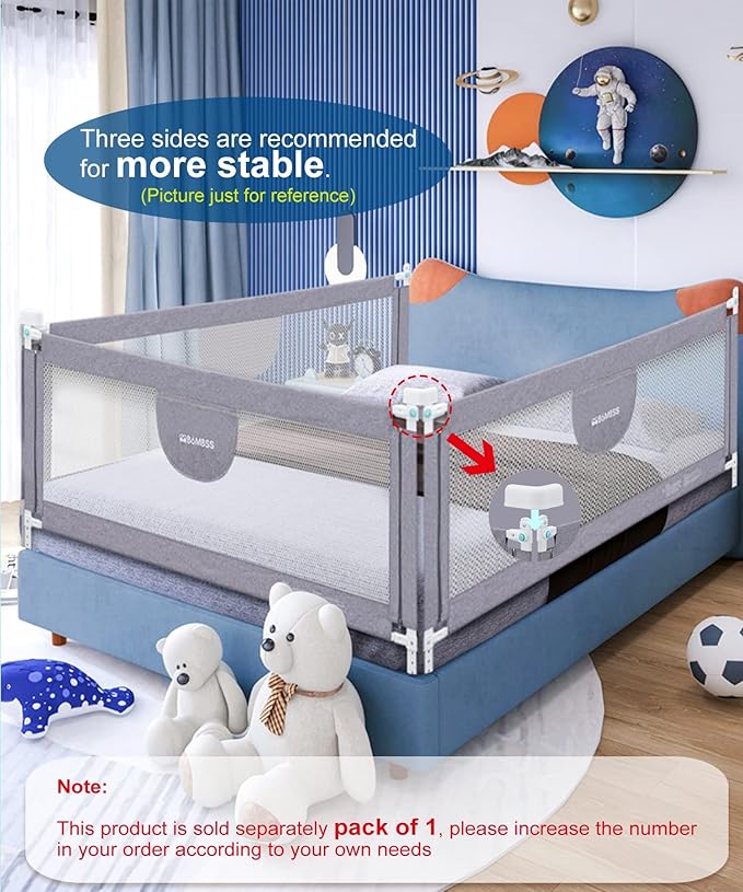 MBQMBSS 37" L x 26.5" H Bed Rail for Toddlers, Baby Bed Rails Guard for Kids Height Adjustable Sturdy Railing with Y-Strap Protective Bed - Fit for Side of Twin Full Queen, King Size (1 Side)