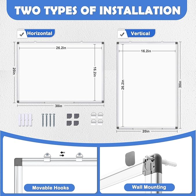 Double-Sided White Board Dry Erase, 20" x 30" Dry Erase Board for Wall with Silver Aluminium Frame, Magnetic Whiteboard for Office, Home, School, Kitchen