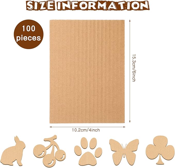 100 Pcs Corrugated Cardboard Sheets Set Corrugated Packaging Pads Paper Flat Cardboard Filler Inserts Sheet Pads Rectangle for Delivering Packing Separators Art Crafts Supplies (Brown, 4 x 6 Inch)
