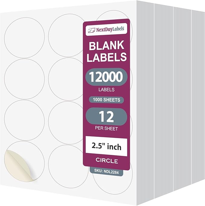 NextDayLabels 2.5 Inch Round Stickers for Printer - Matte White Blank Laser/Inkjet Printable Circles - 1000 Sheets, 12 Per Sheet, 12000 Labels