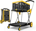Collapsible Shopping Cart with Wheels, 200 lbs Capacity Grocery Cart on Wheels with Storage Crate, Platform Hand Truck with Foot Brake, Yellow