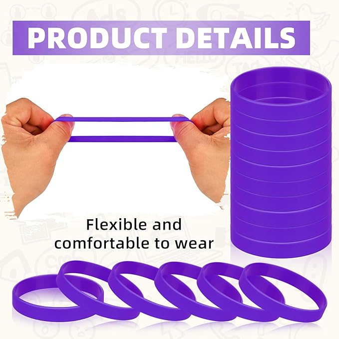 Rubber Silicone Bracelets 100 Count, Sports Blank Elastic Rubber Bulk, Unisex Silicone Wristbands for Decoration Gift-Purple