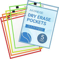 AKONEGE 5 Pack Oversized Dry Erase Pocket Sleeves - 10 x 13 Inch Ticket Holders Reusable Clear Plastic Sleeves Sheet Page Protectors for School Teacher Supplies & Classroom Organization, 5 Colors
