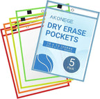 AKONEGE 5 Pack Oversized Dry Erase Pocket Sleeves - 10 x 13 Inch Ticket Holders Reusable Clear Plastic Sleeves Sheet Page Protectors for School Teacher Supplies & Classroom Organization, 5 Colors