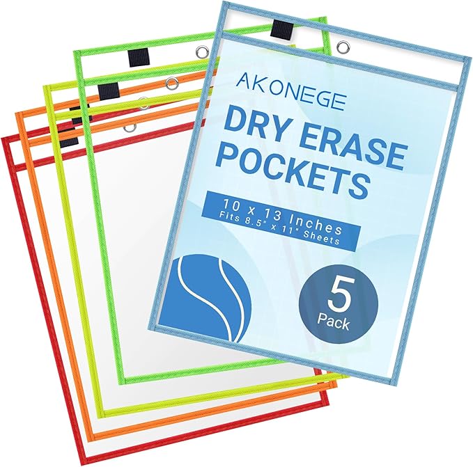 AKONEGE 5 Pack Oversized Dry Erase Pocket Sleeves - 10 x 13 Inch Ticket Holders Reusable Clear Plastic Sleeves Sheet Page Protectors for School Teacher Supplies & Classroom Organization, 5 Colors