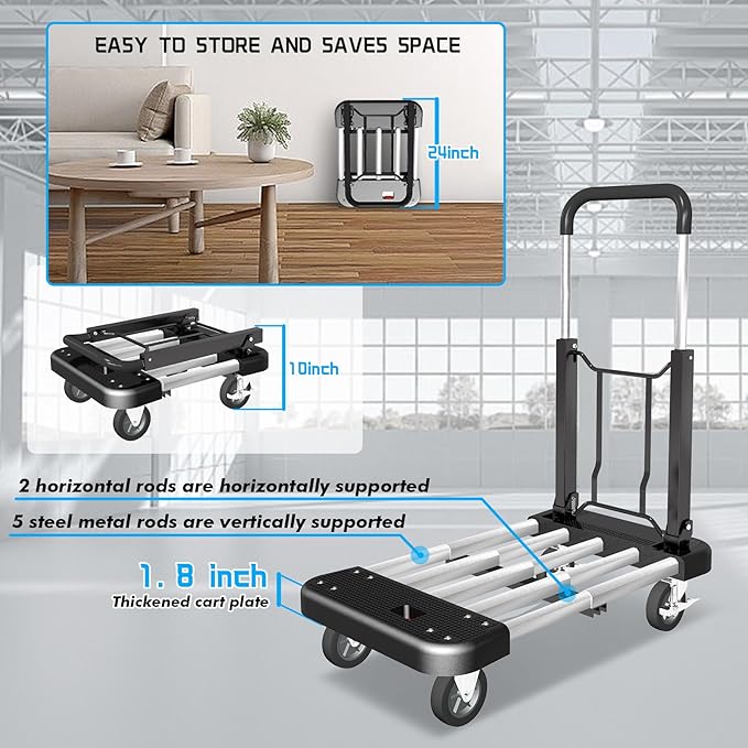 WarmyouHaul Pro Folding Hand Truck, 441LBS Capacity, Adjustable Platform (24-30") & Handle (28-35") 4" Rubber Wheels with 360° Swivel & Parking Brake, for Moving, Apartment, Warehouse, Commercial Use
