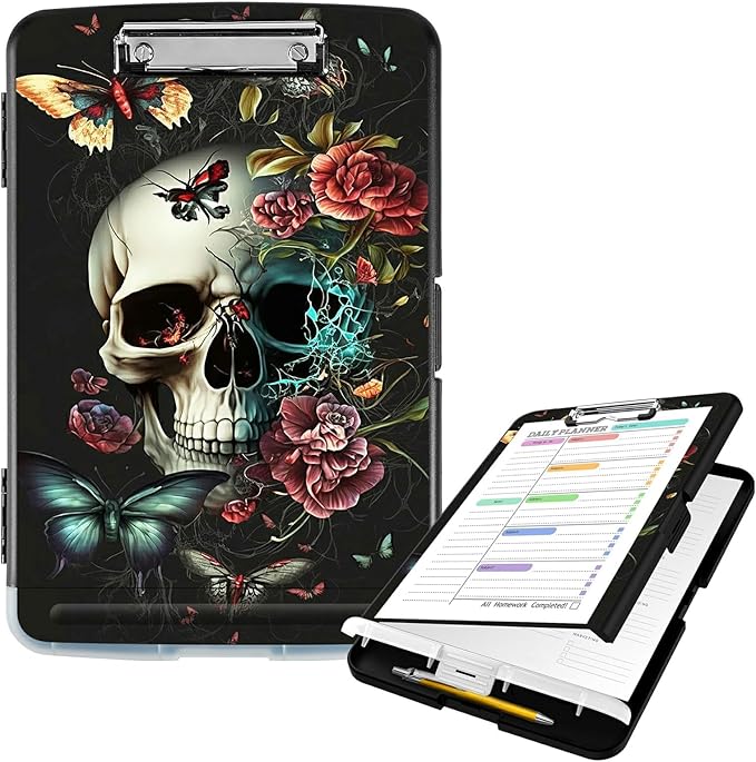 Clipboard with Storage High Capacity Plastic Nursing Clipboards with Pen Holder File Folder Storage Box Clipboard with Heavy Duty Clips for Teacher,Doctor,Offices-Butterfly Skull Flower