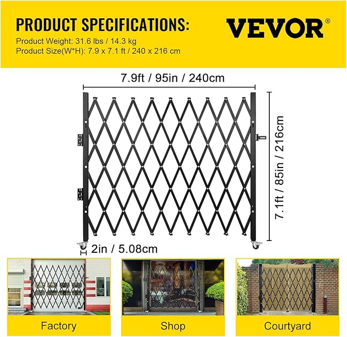 VEVOR Folding Door Scissor Gate - Steel Accordion 87" H x 94" W, 360 Rolling Barricade,Padlock
