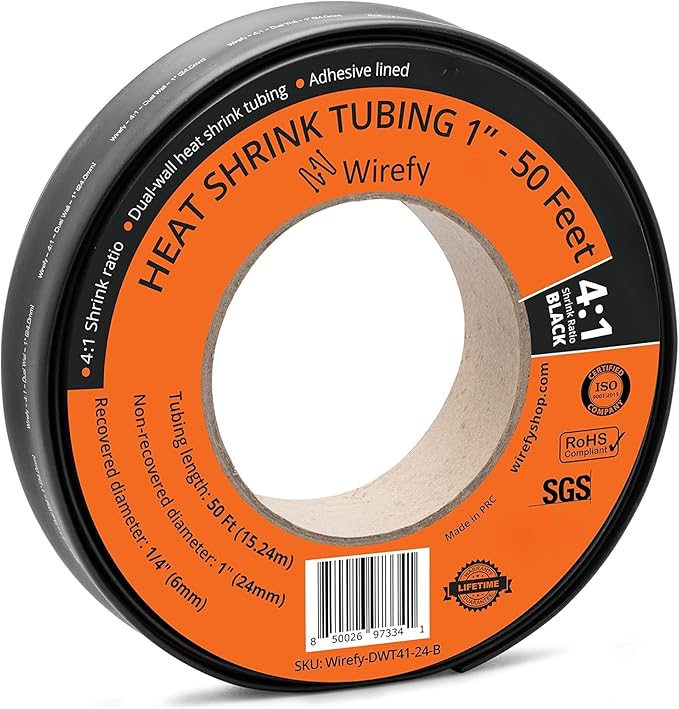 Wirefy 1" Heat Shrink Tubing - Large Diameter - 4:1 Ratio - Adhesive Lined - Industrial Heat-Shrink Tubing - 50 Feet Roll - Black