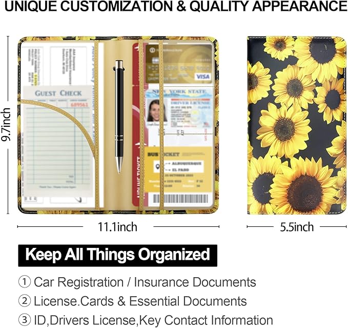 Car Registration and Insurance Card Holder, Leather License Document Floral Glove Box Compartment Organizer, Car Wallet Case for Essential Info, License Cards, ID Card