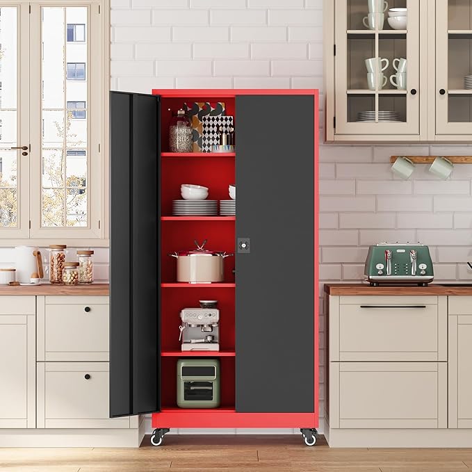 Metal Rolling Storage Cabinet-74.6” Tall Steel File Cabinets with Wheels Lockable Doors and Adjustable Shelves-Black & Red Steel Storage Cabinet for Home, School, Office, Garage