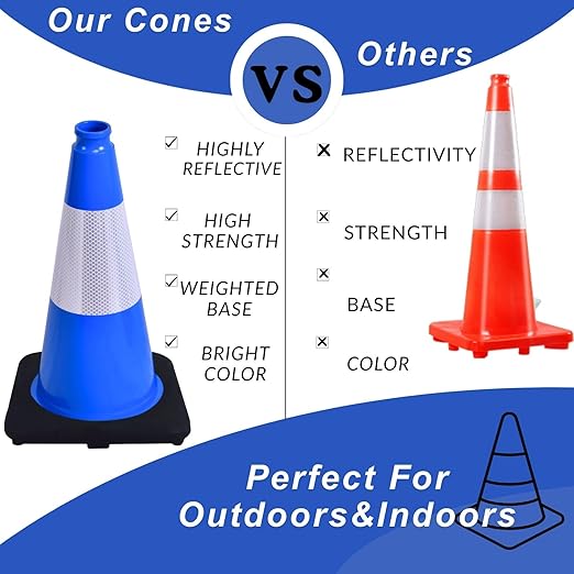 BESEA 6Pack 18 Inch Blue Traffic Cones with 6 Inch Reflective Collar, Heavy Duty PVC Safety Cones with 10.5 x 10.5 Inch Base for Parking, Driving Practice, Sports Training, and Construction