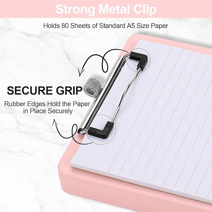 Small Clipboard with Storage, A5 Clipboards with Pen Holder, Half Letter Clip Boards 6x9 Mini Plastic Clipboard with Low Profile Clip for Classroom, School, Office Supplies (Light Pink)