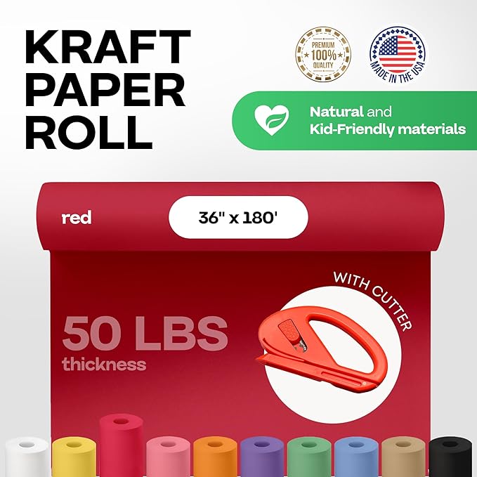 Christmas Red Kraft Paper Roll 36" x 2160" (180 feet) with Cutter - USA-Made Wrapping Paper for Packing, Moving, Shipping & Crafts/Arts - 100% Recyclable Natural Craft Material by IDL Packaging