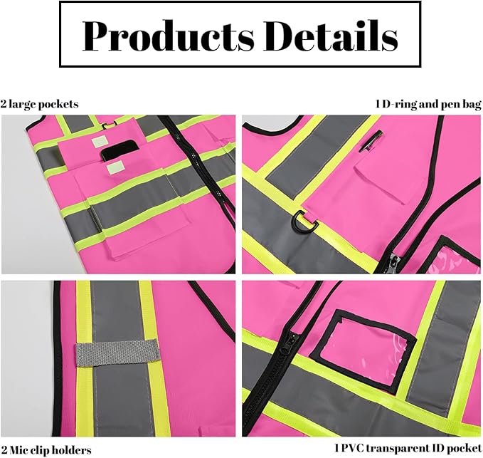 Safety Vest Reflective High Visibility with 5 Pockets ＆Zipper Class 2 Adult Unisex Construction Security Workwear
