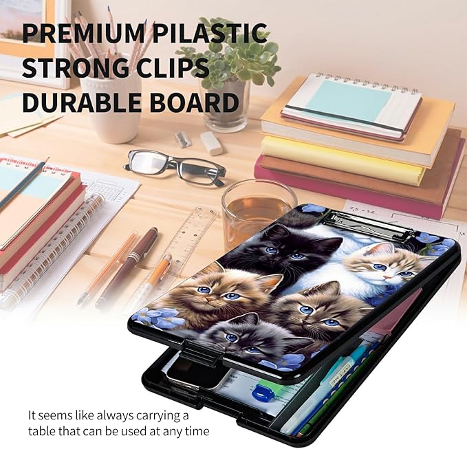 A4 Clipboards,Heavy Duty Waterproof Nursing Plastic Folder Clipboard with Storage Clip Boards,File Folder Storage Box Clipboard Case for Teacher,Doctor,Offices,Cute Cats