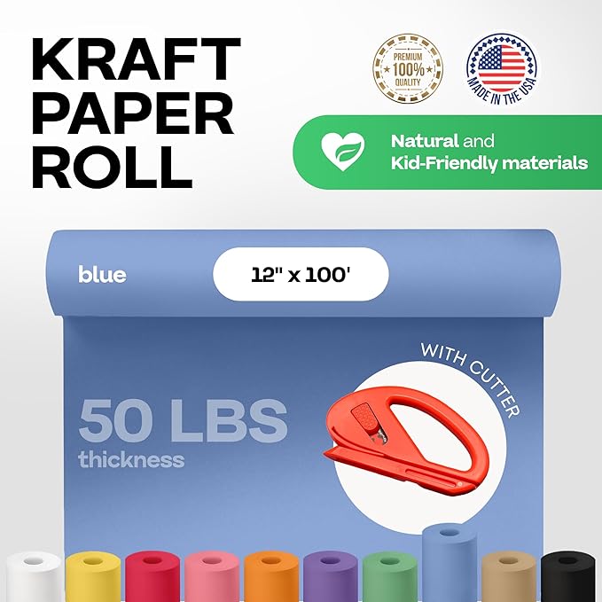 Blue Kraft Paper Roll 12" x 1200" (100 feet) with Cutter - USA-Made Wrapping Paper for Packing, Moving, Shipping & Crafts/Arts - 100% Recyclable Natural Craft Material by IDL Packaging