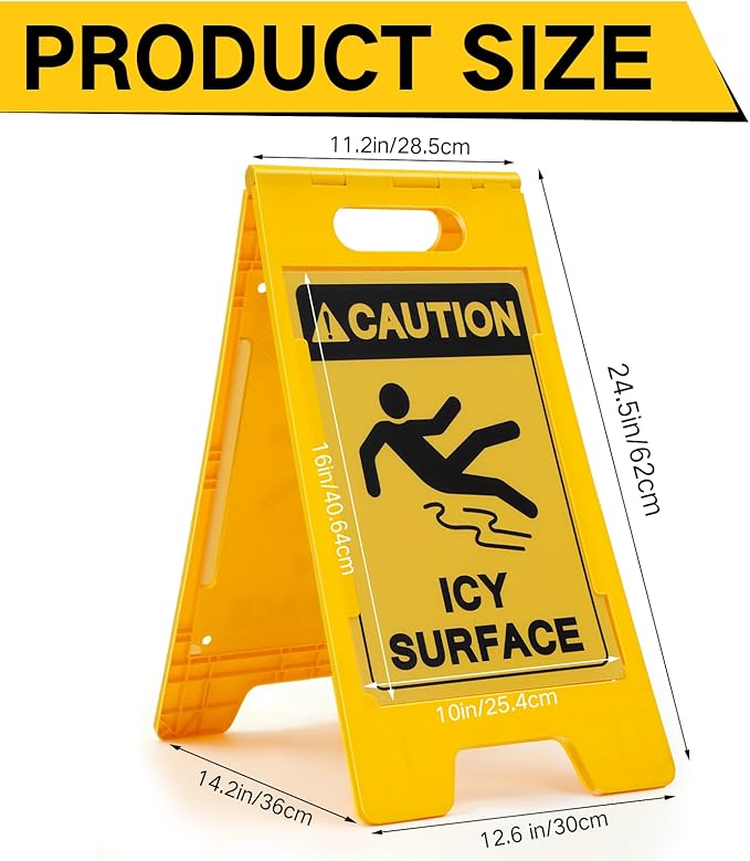 Macarrie 2 Pieces 24.5 x 12.6 Inch 'Caution - Icy Surface' 2 Sided Folding Floor Sign with Symbol Caution Icy Surface Folding Floor Sign for Any Facility Building Warehouse Loading Docks