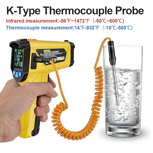 Infrared Thermometer Gun, TEMIRUP Non Contact Digital Laser Temperature Gun with K-Probe for Industrial, Cooking, Griddle,Engine, HVAC, Humidity,Adjustable Emissivity -58°F to 1472°F(-50~800°C)