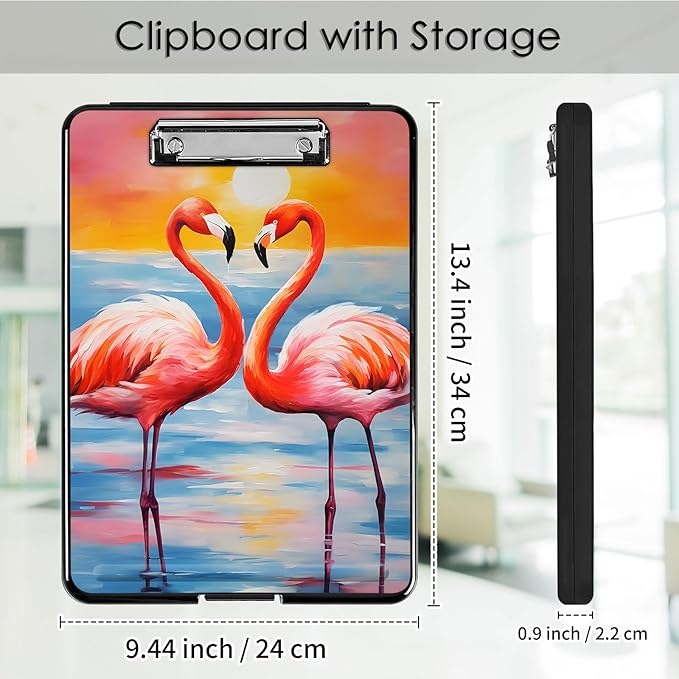 Clipboard with Storage,Office Supplies Nursing Clipboards Folder with Pen Holder Plastic Foldable Clip Board with Storage for Nurse Teacher,Sunset Flamingo