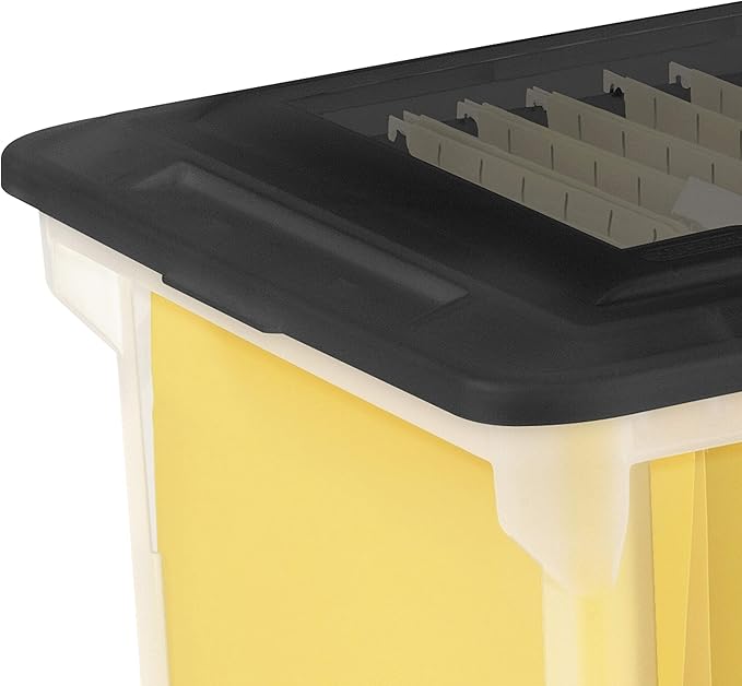 Sterilite File Box, Stackable Storage Bin with Lid, Plastic Container to Organize Taxes, Papers in the Home, Office, Clear Base with Black Lid, 4-Pack