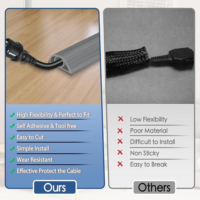 Floor Cord Cover for Wires on Floor Self Adhesive Cord Hider Floor Cable Management Wire Covers for Cords Protector Prevent Cable Trips Cord Cavity W 0.32" x H 0.32", Gray Wood, 10Ft