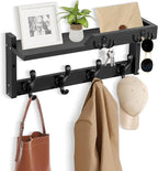 Coat Rack Wall Mount with Shelf, Coat Hanger Wall Mount with Key Hooks and Mail Holder, Wood Entryway Floating Shelf with Hooks and Storage, Hat Rack for Wall Key Holder Mail Organizer