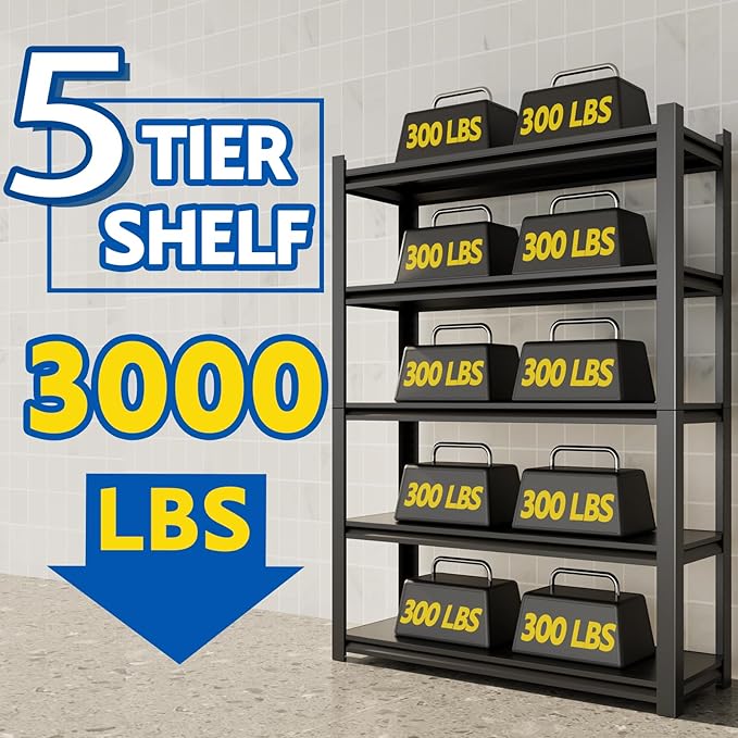 72''H Garage Shelving Heavy Duty,3000LBS Storage Shelves,5-Tier Adjustable Metal Shelve Storage Shelf Rack, Industrial Shelving Unit for Garage,Warehouse,Basement (47" W x 23.6" D x 72" H) 2PC