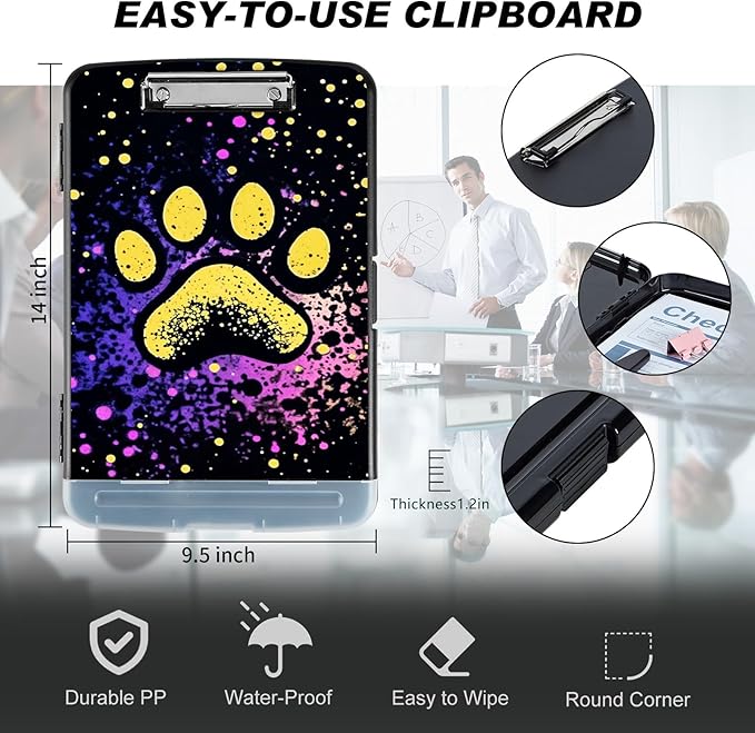 Clipboard with Storage Compartment, 8.5 x 11 Letter Size Side Opening Clip Board with Pen Holder, Hard Portable Clipboard Organizer for Nurse, Teacher, Contractor, Jobsite, Dog Paw