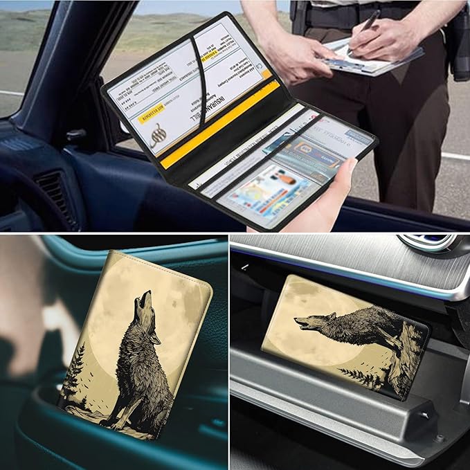Car Registration and Insurance Holder, Leather Car Glove Box Organizer, Cool Car Accessories for ID, Driver's License Cards & Essential Document,business cards,Men&Women,Howling Wolfs and Moon
