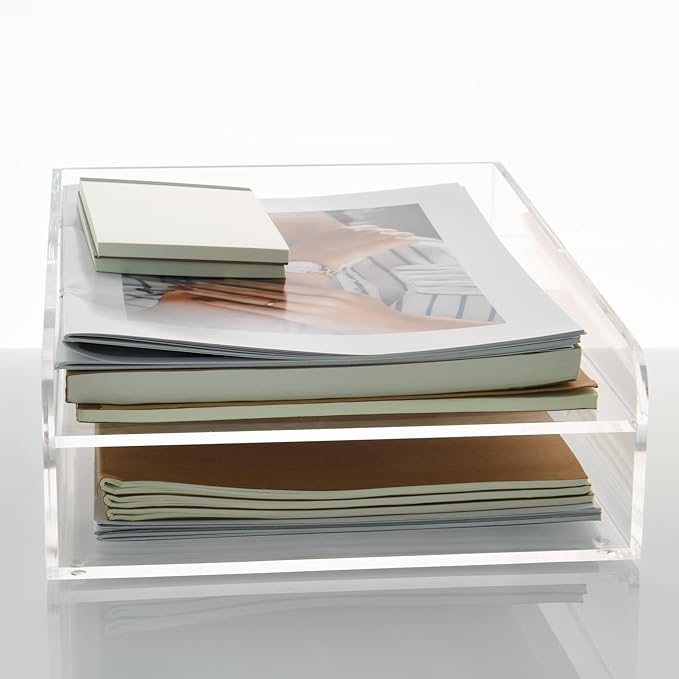 2-Tier Clear Acrylic Paper Trays, Desk File Organizer, A4 Paper Holder, Low-Profile Desk File Sorter for Office/Home, Clear Stackable Letter Tray for Bills, Crafts, Notebooks - Vertical