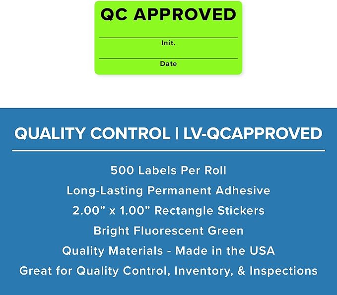 QC Approved Quality Control Labels, 2" x 1", Bright Green, 500 Labels per Roll, Permanent Adhesive for Inspection & Inventory Use