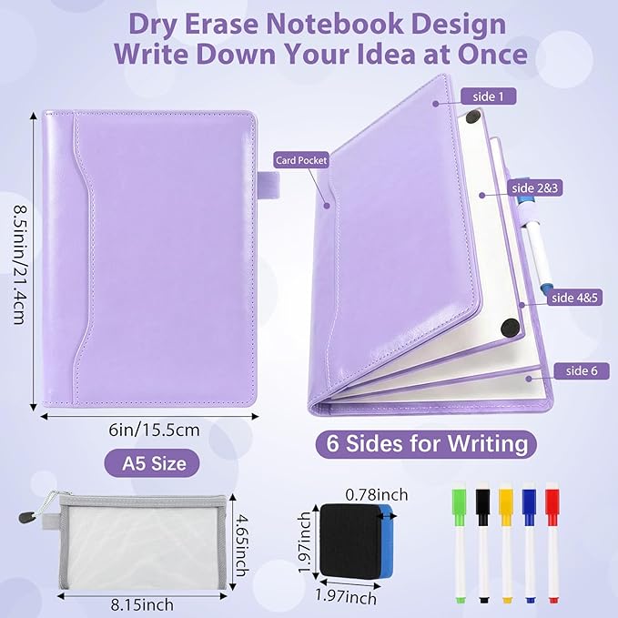 Feifeiya 6 Sides Whiteboard Notebook Portable Whiteboard Dry Erase Notebook Portable Dry Erase Board Double Sided Folding Whiteboards White Board for Office Study Meeting(Purple,A5: 6"×9”)