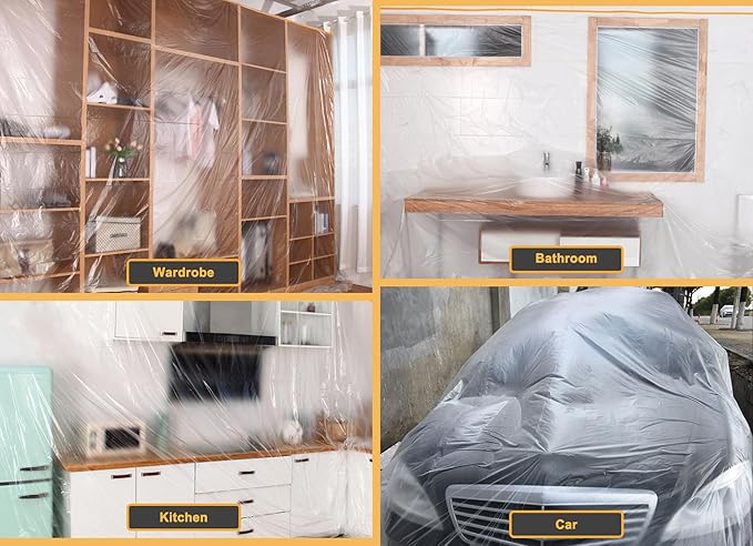 Muf 2 x 65 Feet Plastic Drop Cloth Plastic Sheeting with Masking Tape,Waterproof Protective Masking Film,Prevent Dust Paint for Car,Furniture,Carpet,Floor,1 Pack