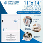 Spartan Industrial - 11” X 14” (200 Count) Self Seal Clear Poly Bags with Suffocation Warning for Packaging, T Shirts & - Resealable Glue
