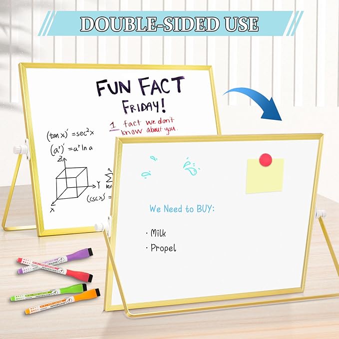 Magnetic Dry Erase White Board, 16" x 12" Double-Sided Golden Aluminum Frame Desktop Whiteboard with Stand, Portable Small Whiteboard Set for Drawing, Office, Home, School