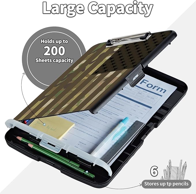 Clipboard with Storage,Clip Boards 8.5X11 with Storage & Pen Holder,Heavy Duty Plastic Nursing Clipboards Foldable,Coaches Clipboard Folder Case,School Office Supplies，USA Flag Camouflage