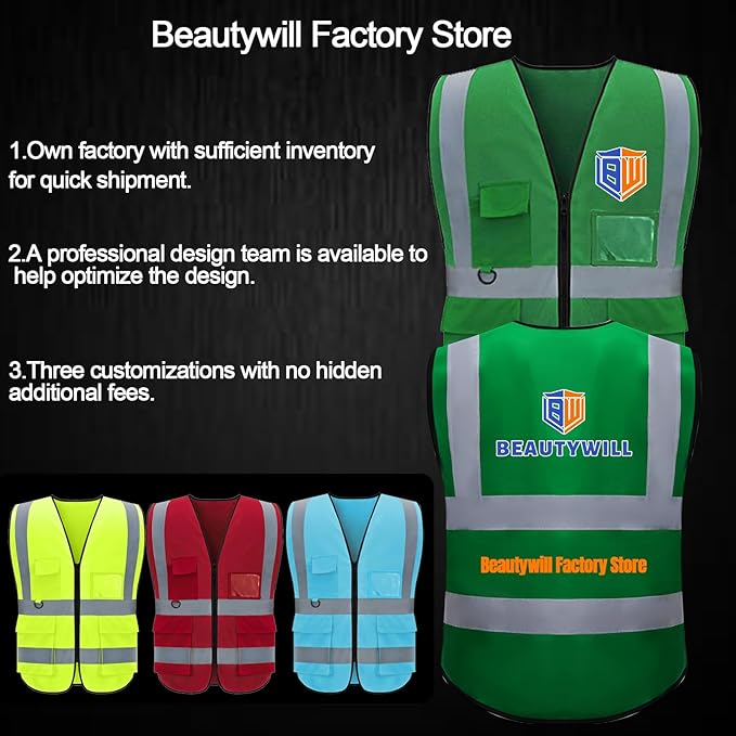 BeautyWill 10/20 Pack Custom Logo Safety Vest,Bulk High Visibility Class 2 Reflective Work Vests