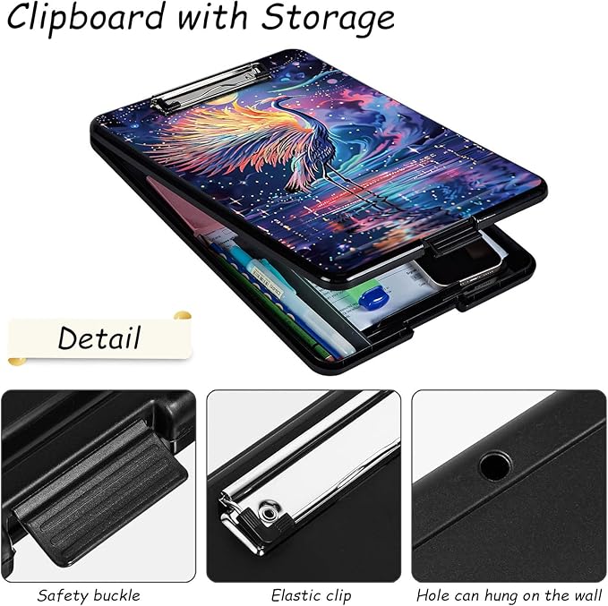 Clipboard with Storage, High Capacity Plastic Storage Clipboard with Pen Holder for for Women Teachers Work, School & Office Supplies, Cute Pattern Decorative Clipboards, Colorful Crane