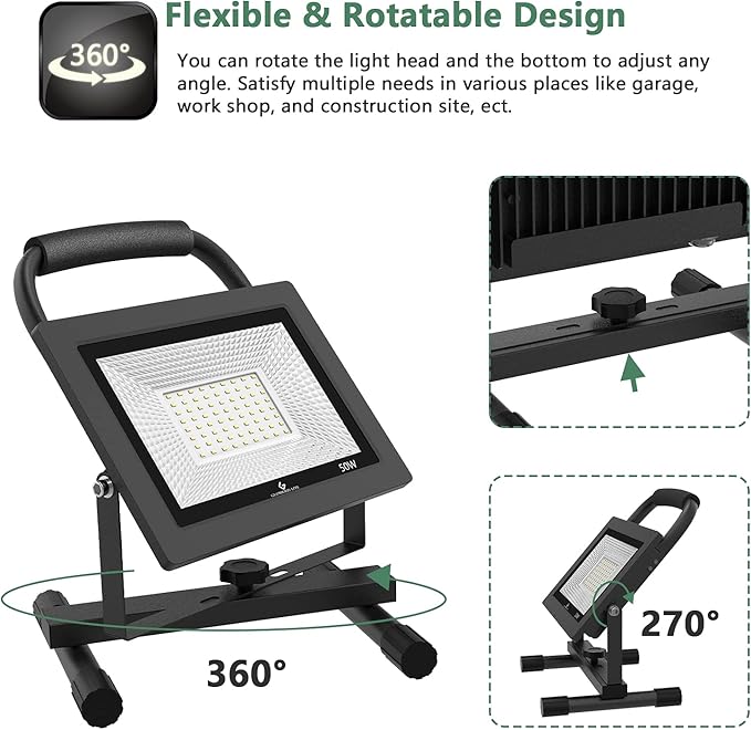 GLORIOUS-LITE 50W LED Work Light, 5000LM LED Flood Lights, 400W Equivalent, IP66 Waterproof, 16ft 5m Cord with Plug, 6500K, Adjustable Working Lights for Workshop Garage, Construction Site