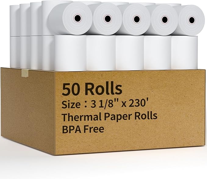 (50 Rolls) 3 1/8" x 230' Thermal Receipt Paper Rolls, Cash Register POS Thermal Paper, Credit Card Rolls Thermal 3 1/8 in x 230 ft.
