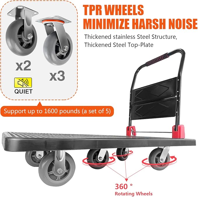 Platform Truck, Foldable Push Cart Dolly w/Five 360 Swivel 6'' Wheels, 1600LBS Capacity Heavy Duty Moving Platform Trucks Hand Cart for Groceries, Garage, Warehouse (43" L x25" W)