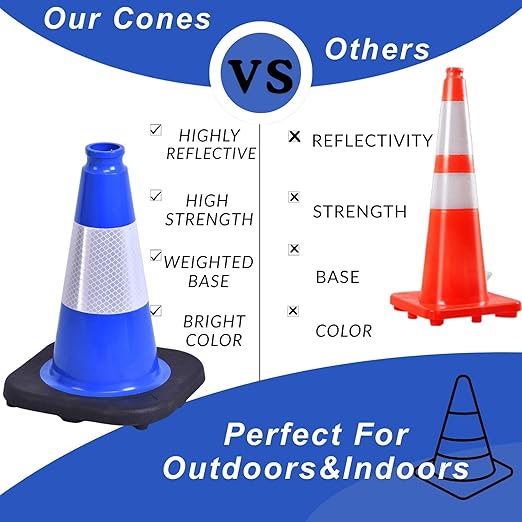 BESEA 8Pack 12 Inch Blue Traffic Cones with 4 Inch Reflective Collar, Heavy Duty PVC Safety Cones with 8.5 x 8.5 Inch Base for Parking, Driving Practice, Sports Training, and Construction